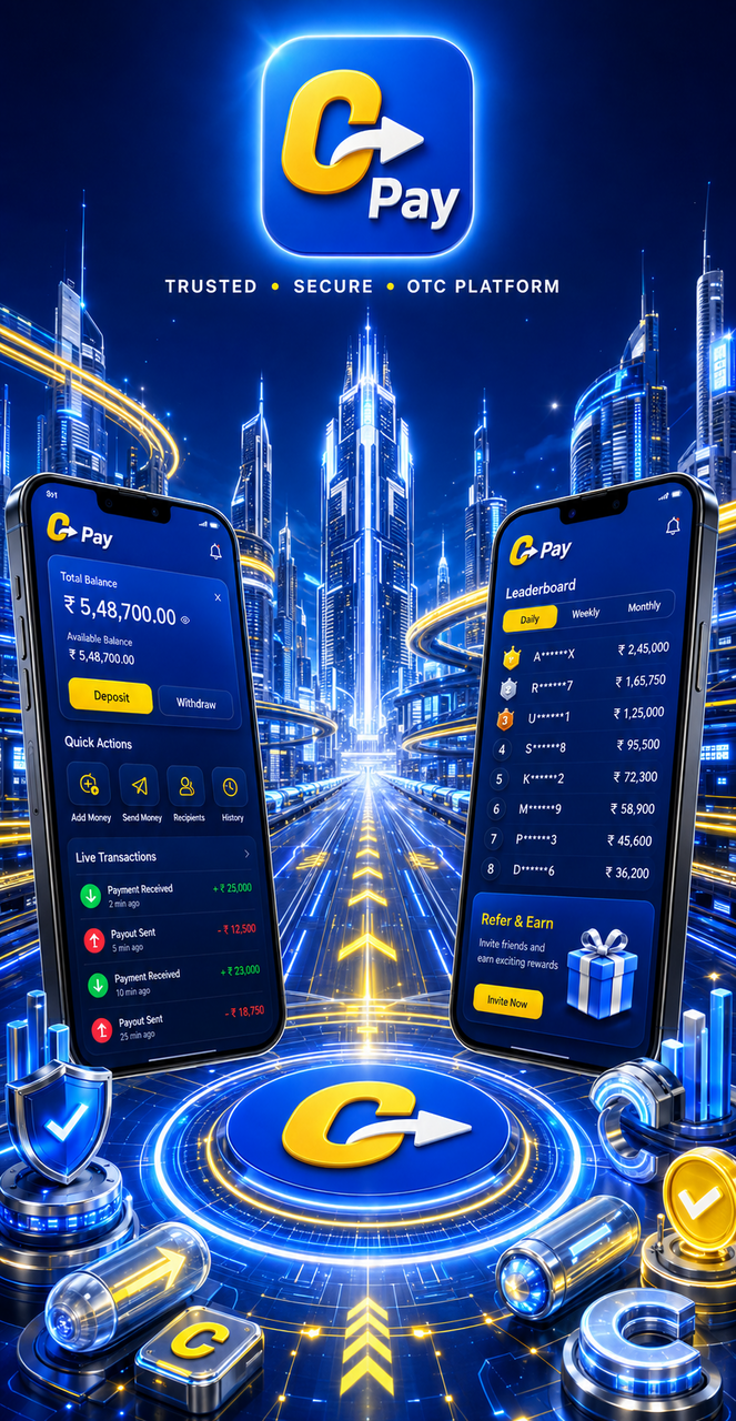 C Pay promotional artwork with illustrative phone interfaces and a blue city